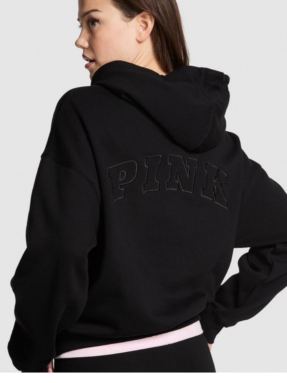 PINK Victoria's Secret Black Embroidered Logo Hooded Sweatshirt Campus 1/2 Zip M